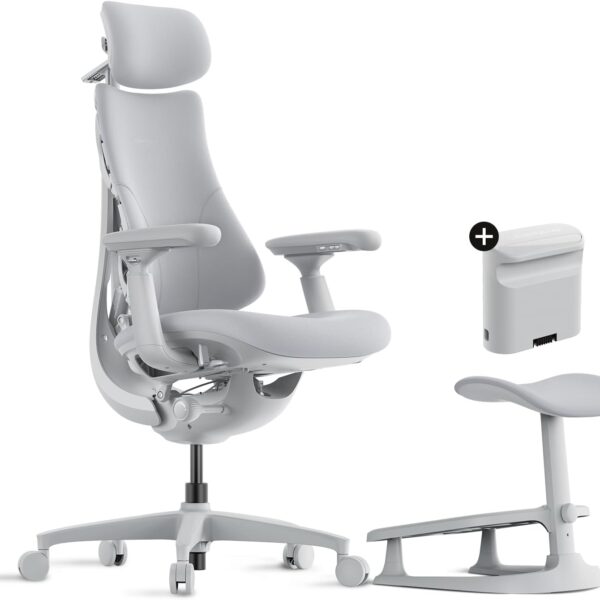 LiberNovo Dynamic Ergonomic Desk Chair + StepSync Footrest + Extra Battery Bundle - Comfy Home Office Chair with Adaptive Lumbar Support, 160° Recline & Built-in Spine Stretch, Gray+45cm